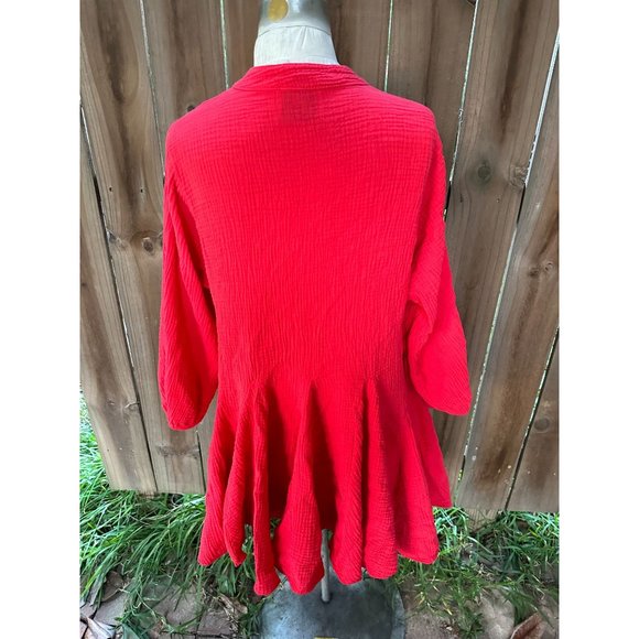 MADE WITH LOVE Italy LAGENLOOK Red Gauze Godet Layering TUNIC BLOUSE One Size - Picture 4 of 8